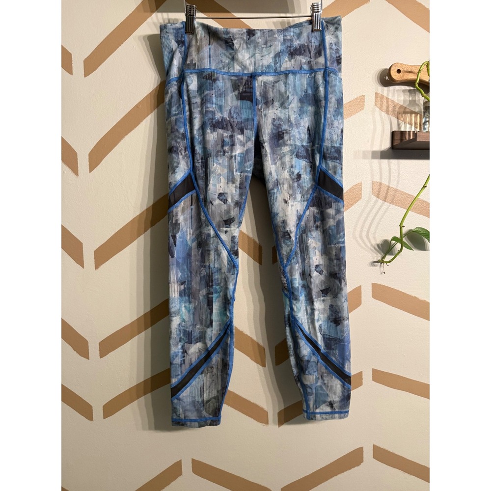Lululemon Crop Leggings Women Size 10 Blue Abstract Print Mesh Trim Running Yoga